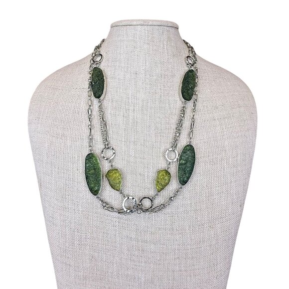 Chicos Womens Green & Silver-Tone Double Strand Chain Necklace Elegant Piece - Picture 2 of 6